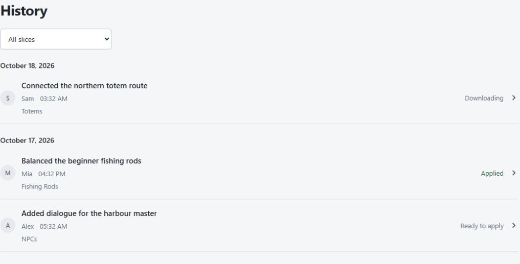 Project history with named updates from Sam, Mia, and Alex, and their download or applied status.