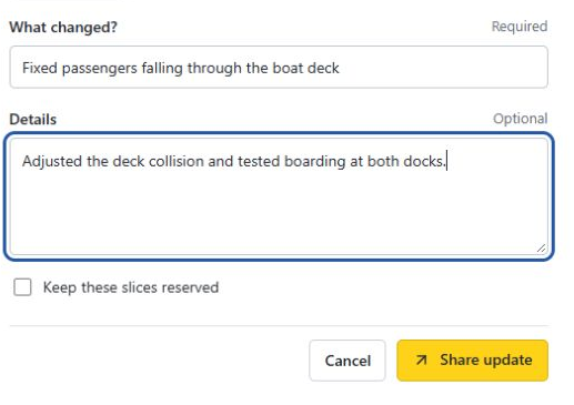 Share update dialog with a boat-deck fix written in the required What changed field.